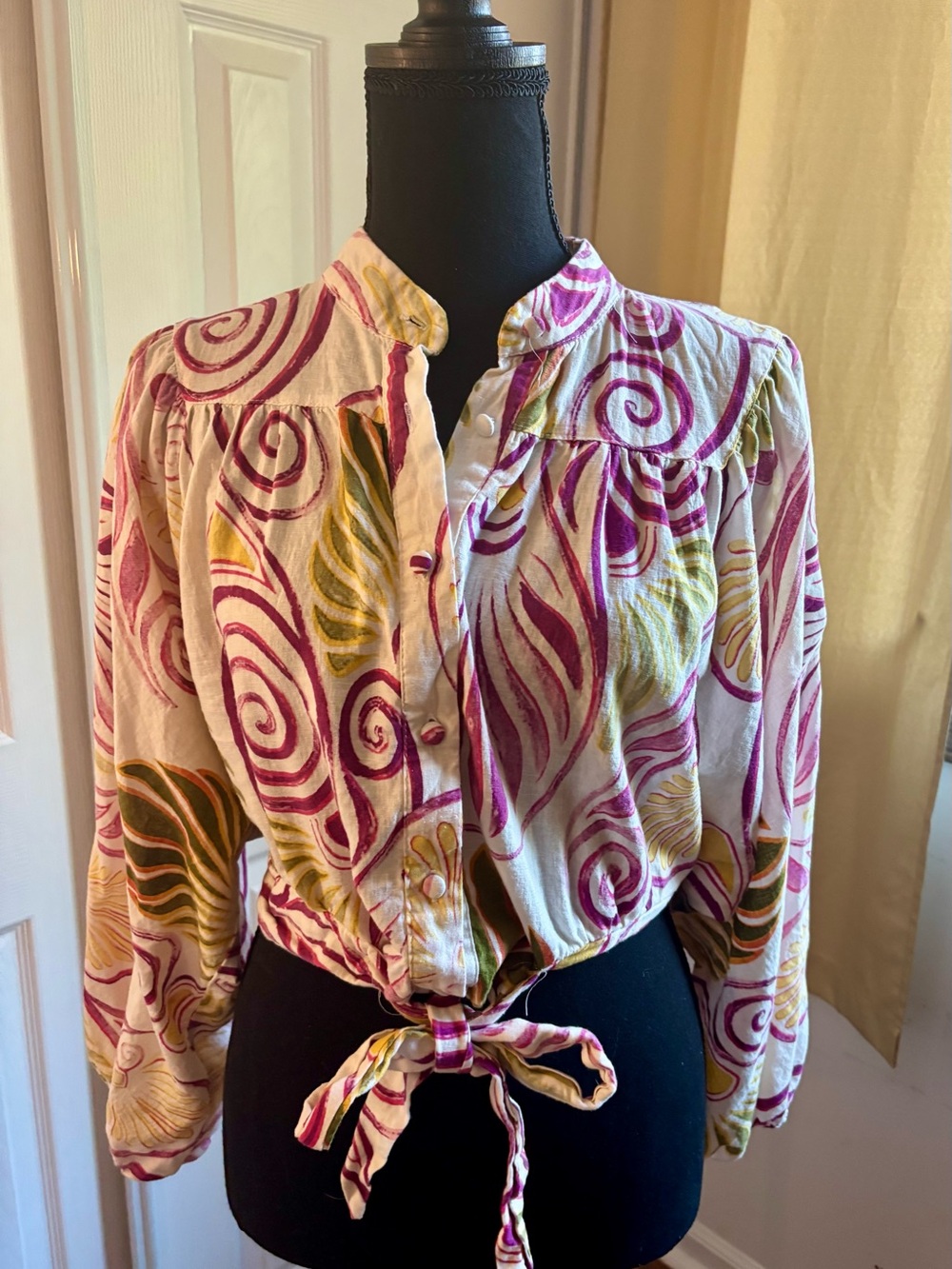 Christian Siriano Cream Blouse with Pink & Olive Swirl Detail